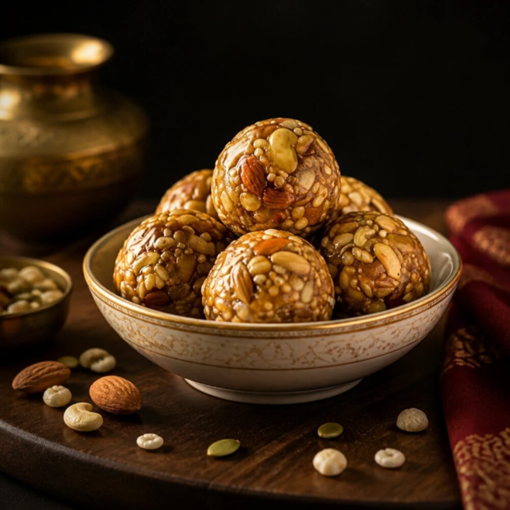 Kachu Katlu, round ladoos with almonds, cashews and edible gum, served in a white bowl