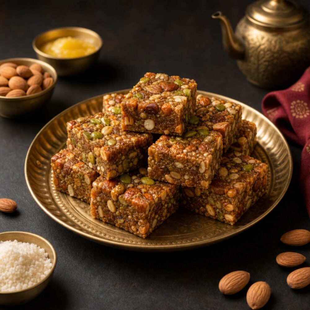 Katlu Pak, sliced into golden squares studded with nuts and seeds, served on a brass plate